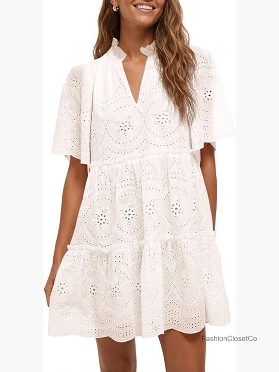 Dresses & Skirts - Women's Eyelet Babydoll Dress Short Sleeve V Neck Lace Ruffle Tiered Mini Casual